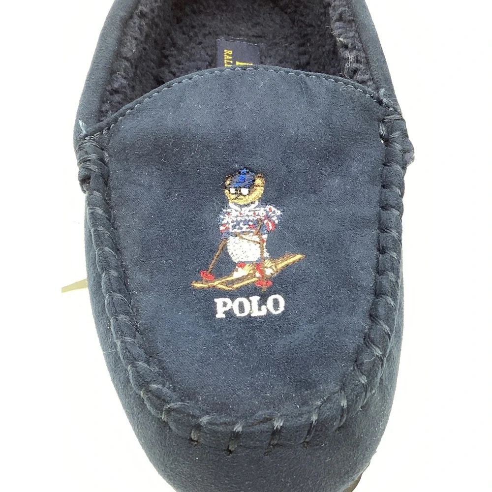 Polo Ralph Lauren Mens Navy Blue Skiing Polo Bear Moccasin Slippers Size 6 NEW